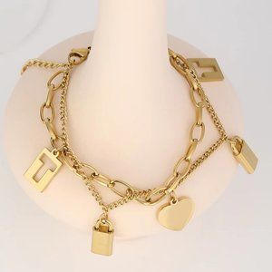 New 18K Gold Plated Lock Heart Charm Link Chain Double Layer Bracelet